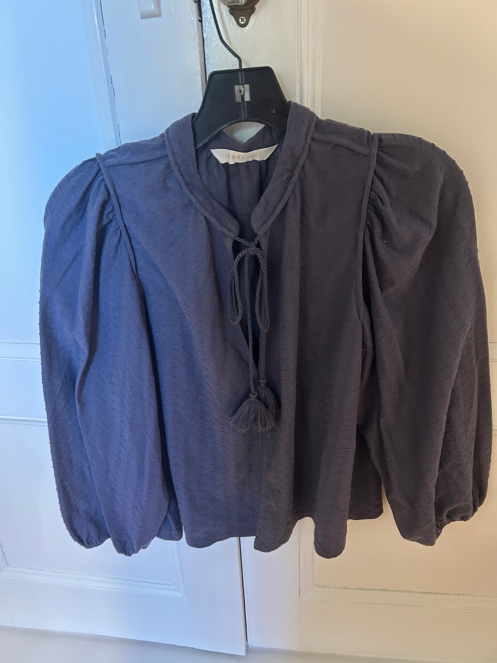 Soft Joie Slate Blue Puff-Sleeve Tie-Neck Blouse